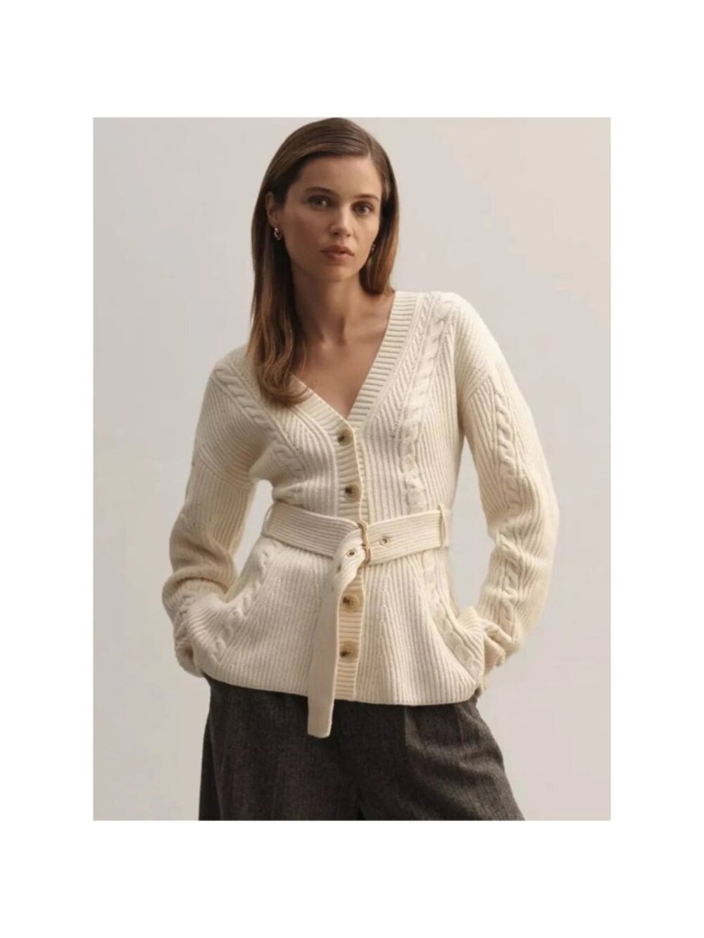 Maeve Belted Cable Cardigan Sweater Women SP Ivory Cable Knit NWT